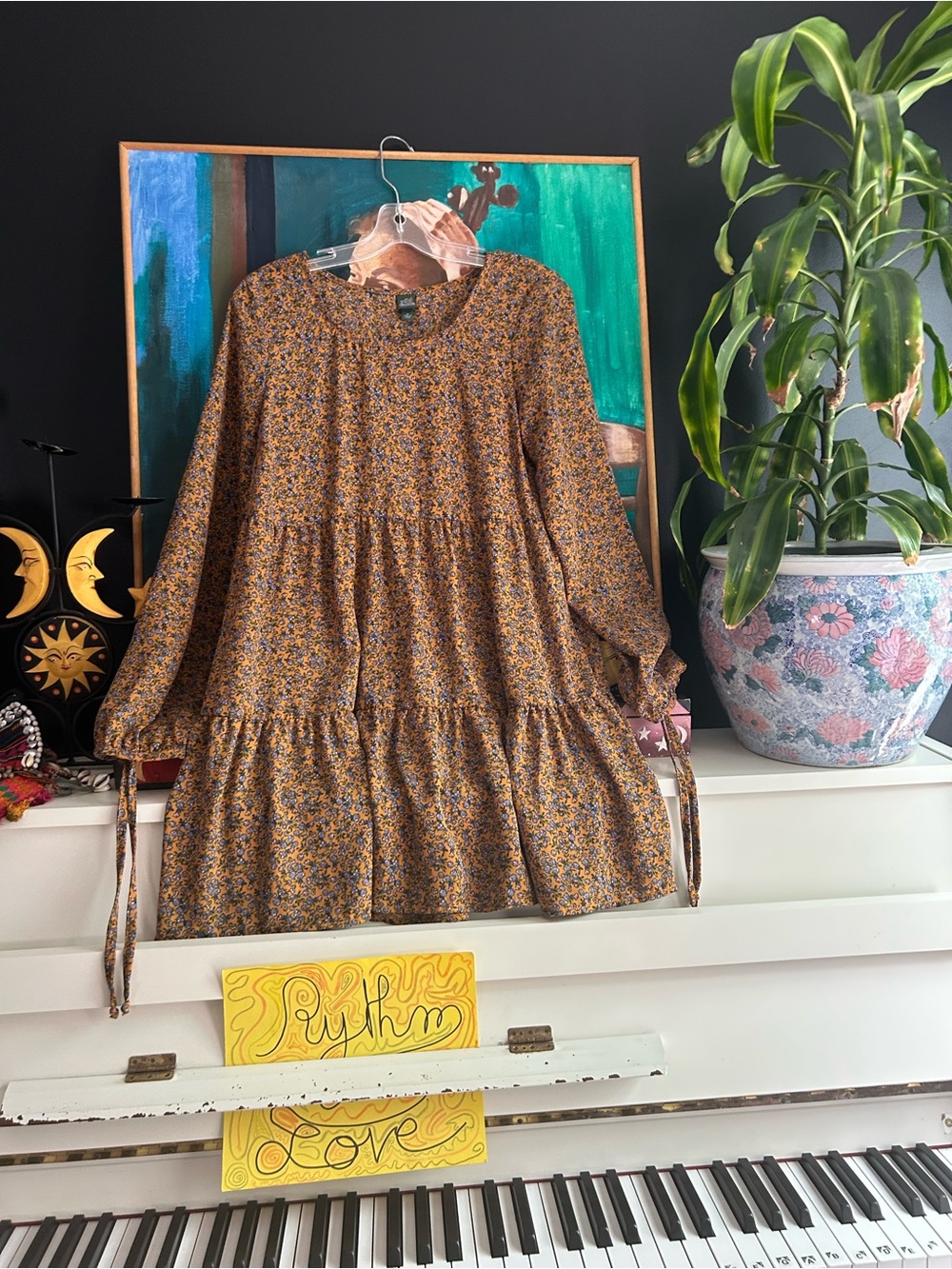 Wild Fable Mustard Floral Tiered Midi Dress Women’s Medium Boho Cottagecore - Picture 2 of 16